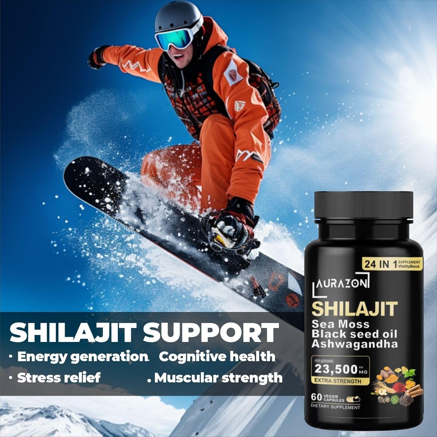 Aurazon Pure Himilayan Shilajit Enriched with Ashwagandha,Sea Moss,Black Seed Oil & Rhodiola Rosea, High Strength 23500 Mg Shilajit Complex Capsules with 2 Months Supply for Both Men and Women