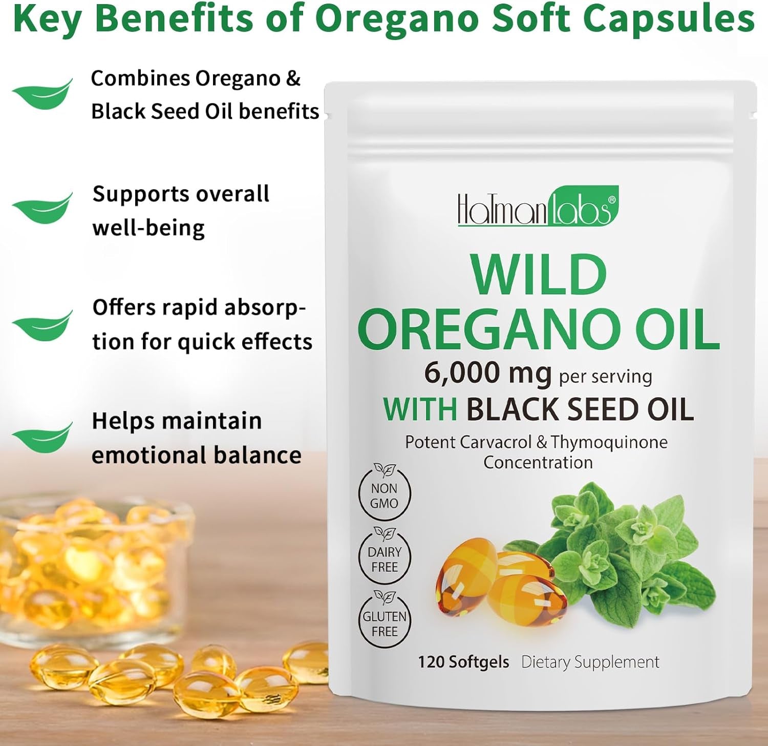 Oil of Oregano Softgels, 2 in 1 6000Mg Oil of Oregano with Black Seed 200Mg, Non-Gmo, Gluten Free, 120 Softgels, Herbal Supplement - Non-Gmo, Supports Immune & Digestive Health