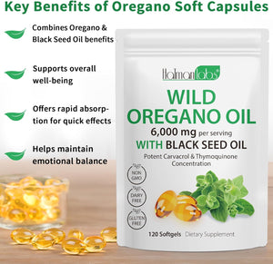 Oil of Oregano Softgels, 2 in 1 6000Mg Oil of Oregano with Black Seed 200Mg, Non-Gmo, Gluten Free, 120 Softgels, Herbal Supplement - Non-Gmo, Supports Immune & Digestive Health