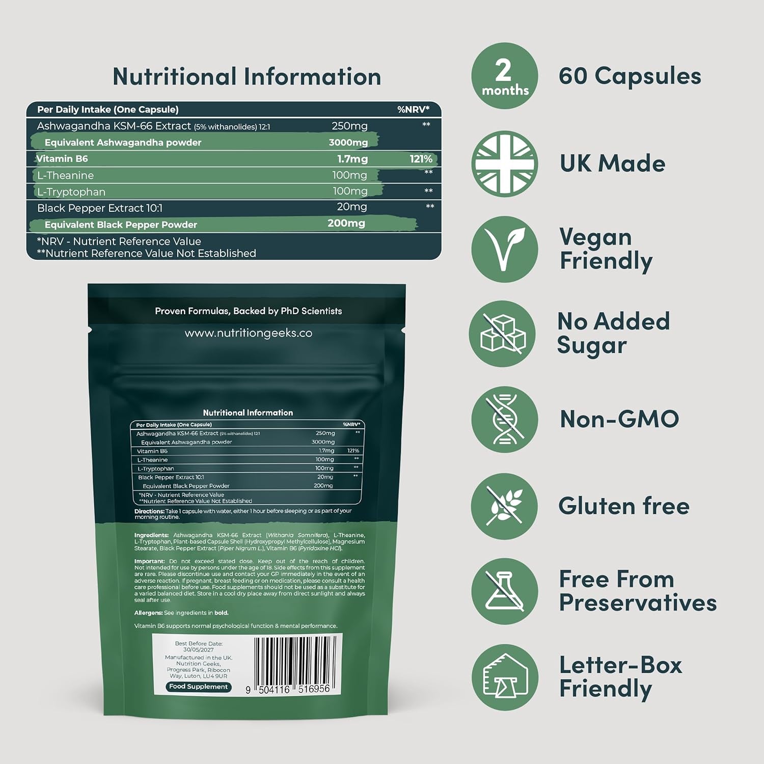 Ashwagandha KSM 66 Complex – 3000Mg Enhanced with Amino Acids & Vitamin B6 (2 Month Supply) – Ashwagandha High Strength Capsules with 250Mg Extract (Not Gummies or Powder) - Vegan, UK Made