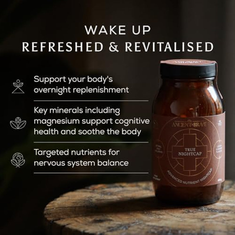 Ancient + Brave True Nightcap 180G - Sleep Supplement for Adults with Magnesium, Zinc, Vitamin C, Amino Acids - Natural Sleep Aid Powder - Recover Sleep, Anxiety Support, Lemon Ginger Flavor, Vegan