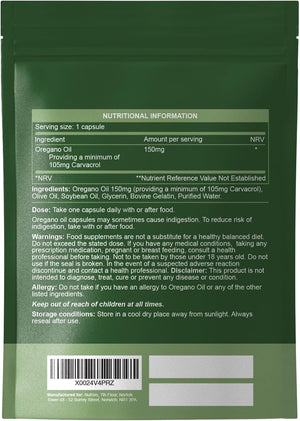 Oregano Oil Capsules | High Strength Oil of Oregano - 150Mg per Soft Gel | High Carvacrol Content | Immune & Digestive Support | Cold Pressed, Non-Gmo & UK Made