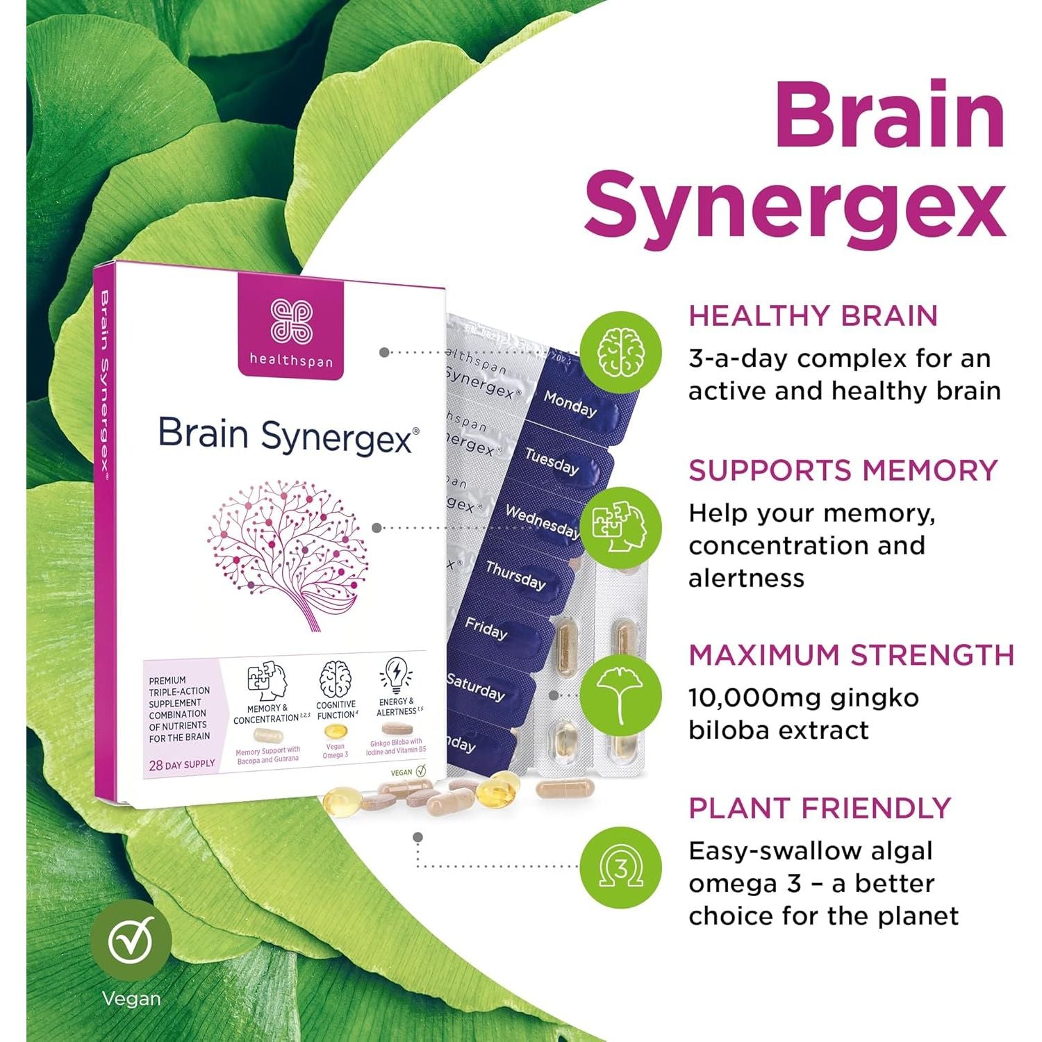 Healthspan Brain Synergex | 28 Day Supply | Brain Health Supplements | Ginkgo Biloba, Neuro-Vitamin Complex, Opti-Omega 3 & Phospholipid Complex