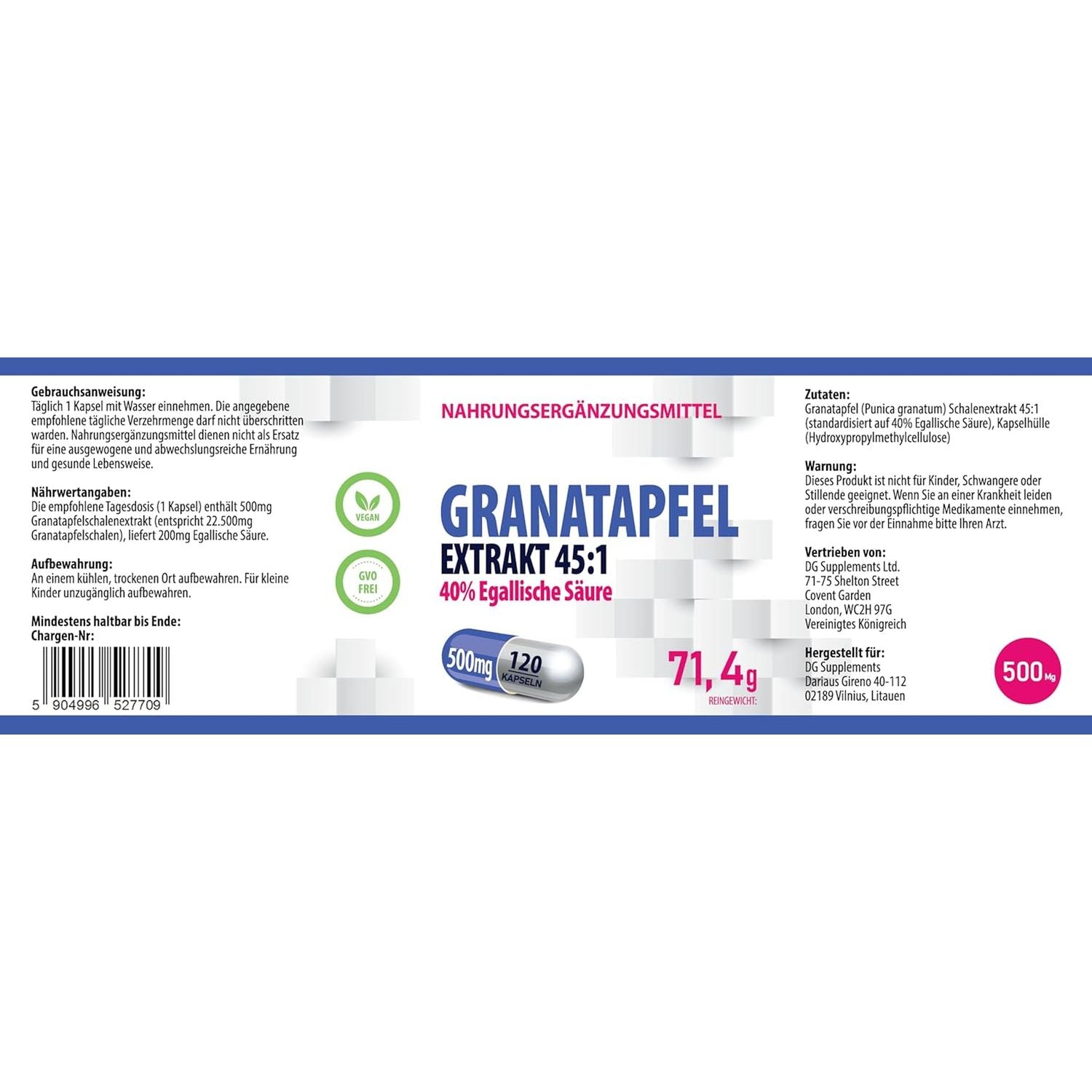 Hepatica Pomegranate Extract 22,500Mg Equivalent (500Mg of 45:1 Extract) 120 Vegan Capsules, 40% Ellagic Acid, 3Rd Party Lab Tested, High Strength Supplement