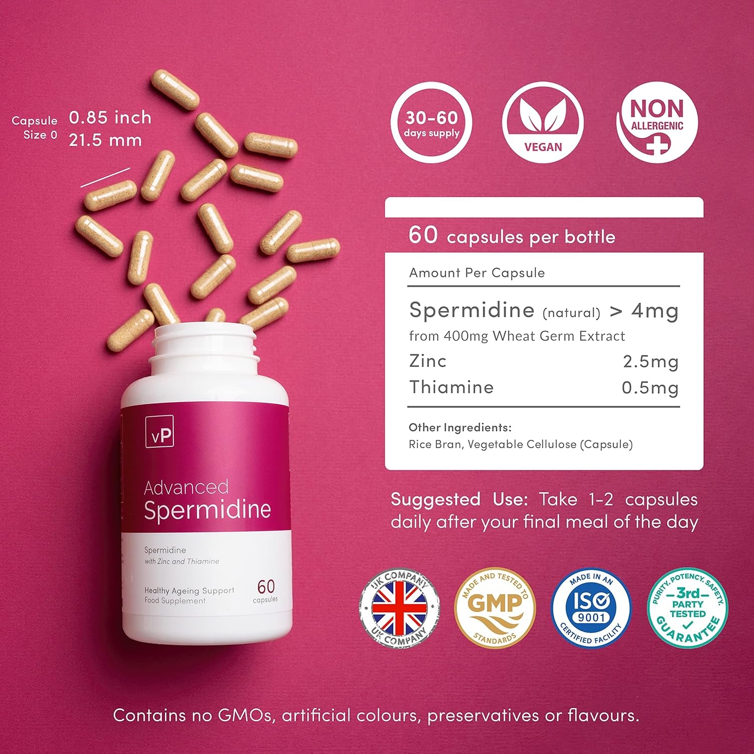 Vp Vitality Pro Natural Spermidine 4Mg X 60 Capsules - Third Party Tested - Natural Pure Spermidine Supplement - Vitality Pro