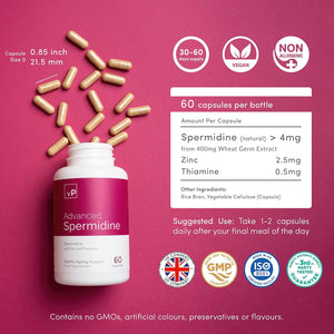 Vp Vitality Pro Natural Spermidine 4Mg X 60 Capsules - Third Party Tested - Natural Pure Spermidine Supplement - Vitality Pro