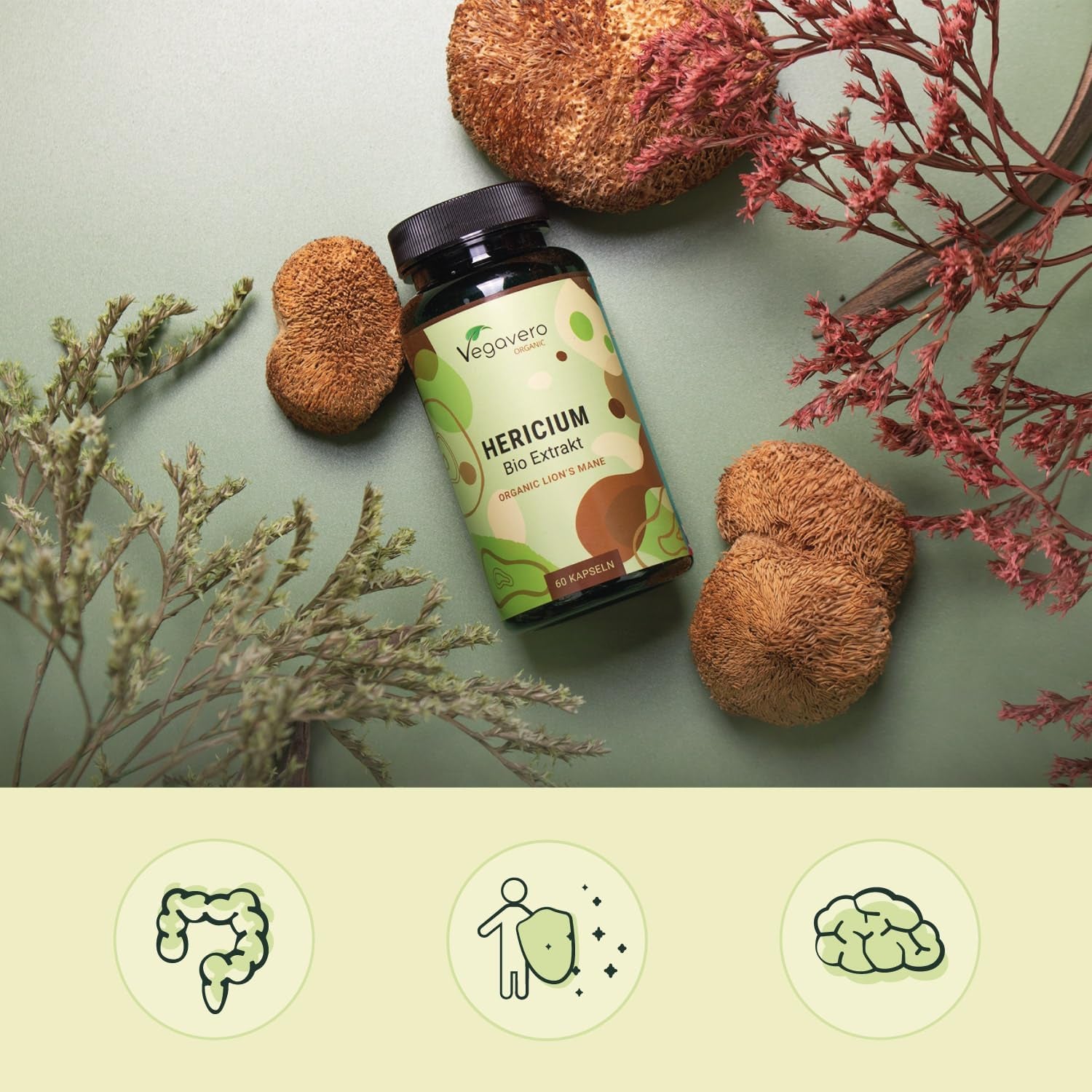 Vegavero Organic Lions Mane 10,000 Mg | NO Additives | 20:1 High Strength Mushroom Extract (Not Powder) | 50% Polysaccharides | Focus Supplement | Vegan