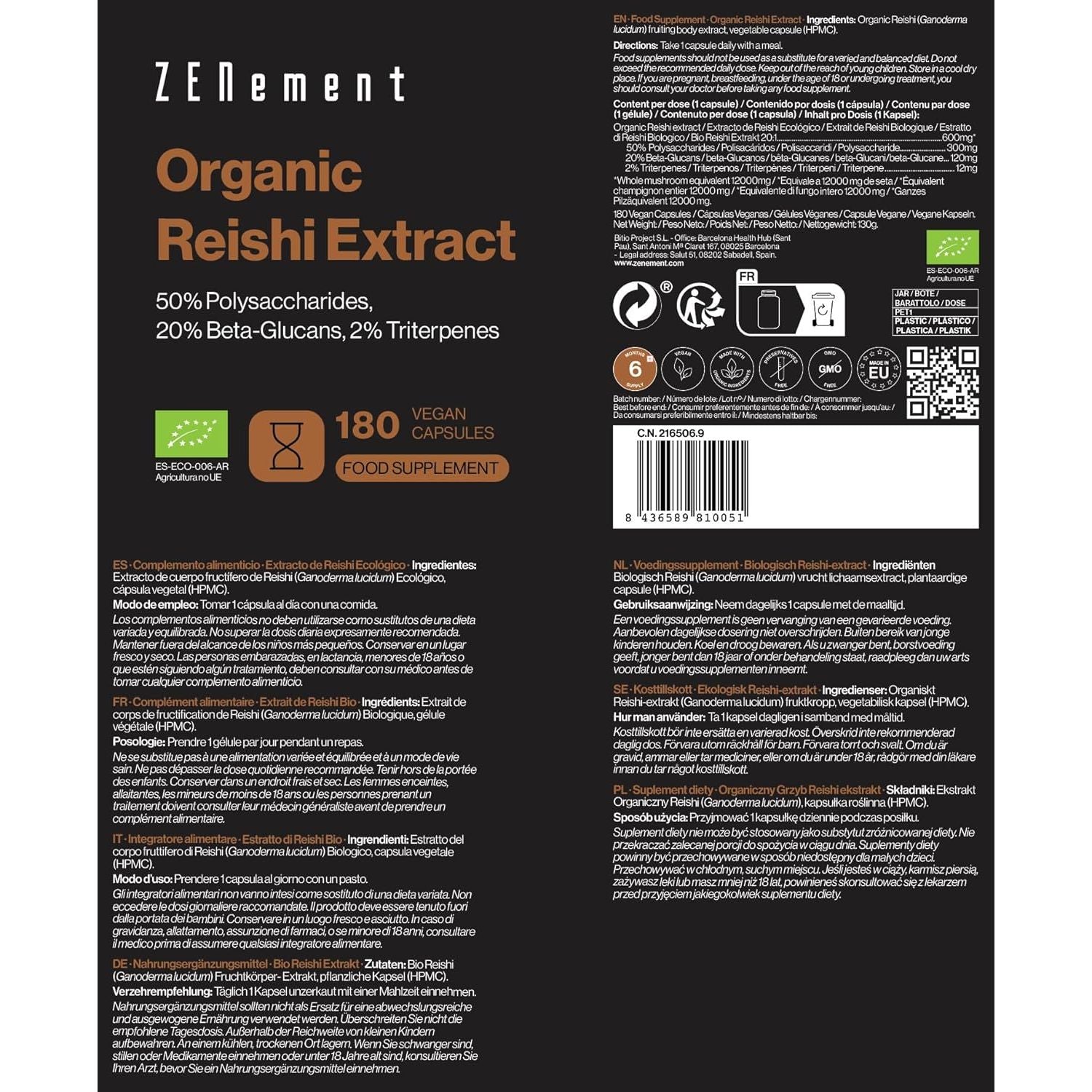 Pure Organic Reishi 12000 Mg | 180 Vegan Capsules for 6 Months | with 50% Polysaccharides, 20% Beta-Glucans, and 2% Triterpenes | Ganoderma Lucidum | Antioxidant, Energizing | No Additives | Zenement