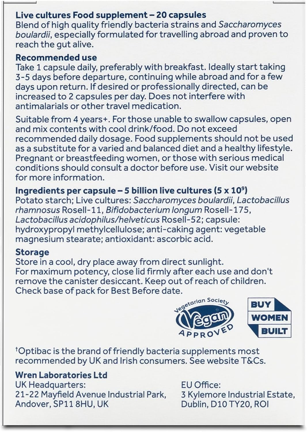 Optibac Probiotics Travel Abroad - Highly Researched Vegan Digestive Probiotic Supplement - Expertly Formulated for Travel & a Range of Climate Conditions - with Saccharomyces Boulardii - 20 Capsules