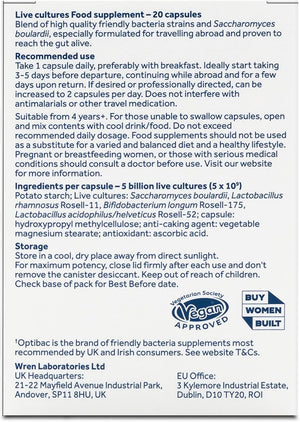 Optibac Probiotics Travel Abroad - Highly Researched Vegan Digestive Probiotic Supplement - Expertly Formulated for Travel & a Range of Climate Conditions - with Saccharomyces Boulardii - 20 Capsules