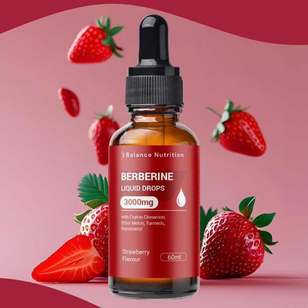 Berberine Liquid Drops 3000Mg, Blood Sugar Support, Glucose Balance & Metabolic Health, High Strength Berberine Supplement, 60Ml, Strawberry Flavour