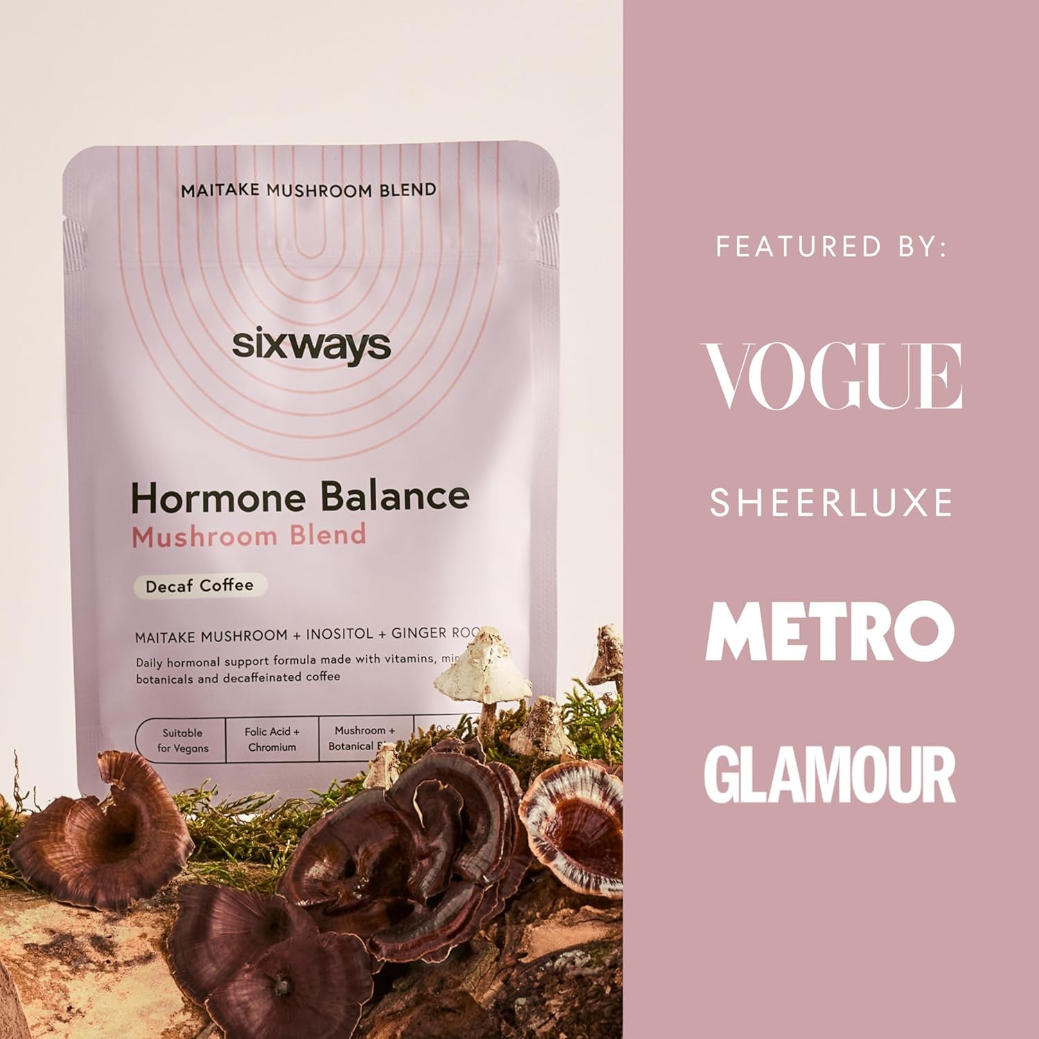 Sixways Hormone Balance, Mushroom Coffee, Decaf Coffee Flavour, Functional Mushroom Powder, Myo-Inositol PCOS Supplement, 30 Servings (150G), Myo-Inositol, PMS Support, Vegan, 200Ug Chromium