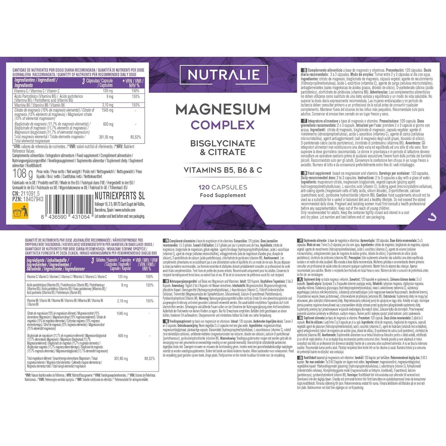 Magnesium Glycinate Complex - 2145Mg Bisglycinate + Citrate Magnesium Supplements - Vitamins C B5 B6 - High Strength - 120 Capsules Nutralie