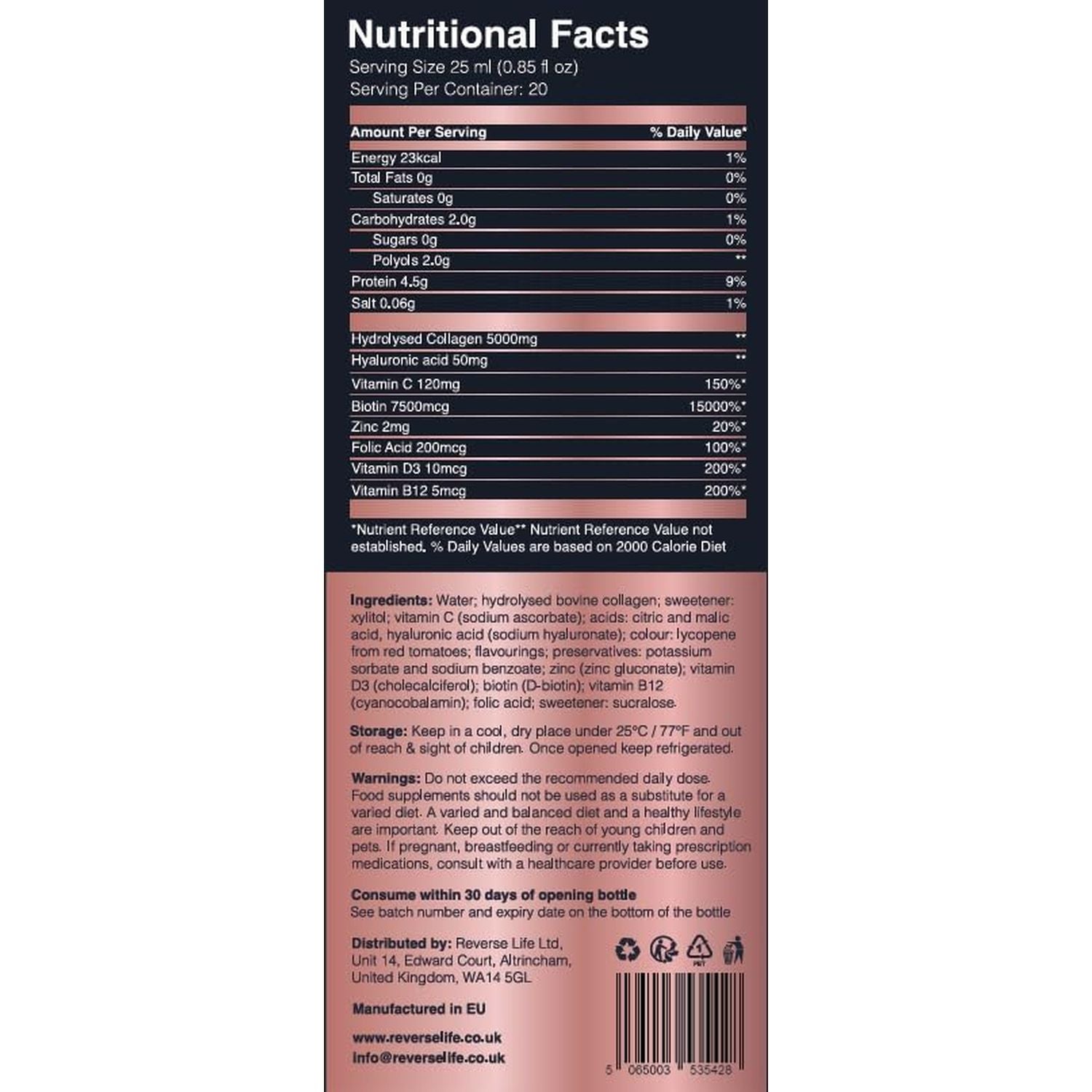 Reverse Life - Bovine Collagen Supplements - Nails, Skin, Hair Supplements for Women and Men - Hair Care Contains Biotin, Vitamin D3, Folic Acid, Hyaluronic Acid - Strawberry Delight Flavour - 500Ml