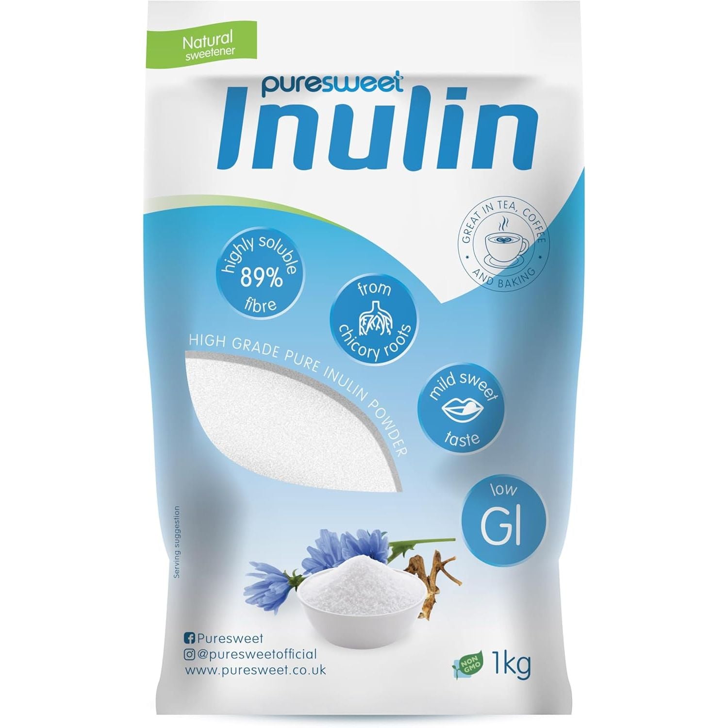 Puresweet® Premium Inulin Prebiotic Fibre Powder 1Kg - Chicory Root, 100% Pure Inulin, Highly Soluble, Made in the EU, Fructo Oligosaccharide (FOS), Gluten Free, Vegan.