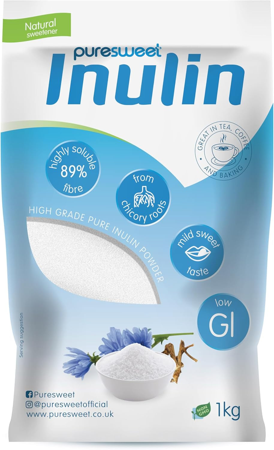 Puresweet® Premium Inulin Prebiotic Fibre Powder 1Kg - Chicory Root, 100% Pure Inulin, Highly Soluble, Made in the EU, Fructo Oligosaccharide (FOS), Gluten Free, Vegan.