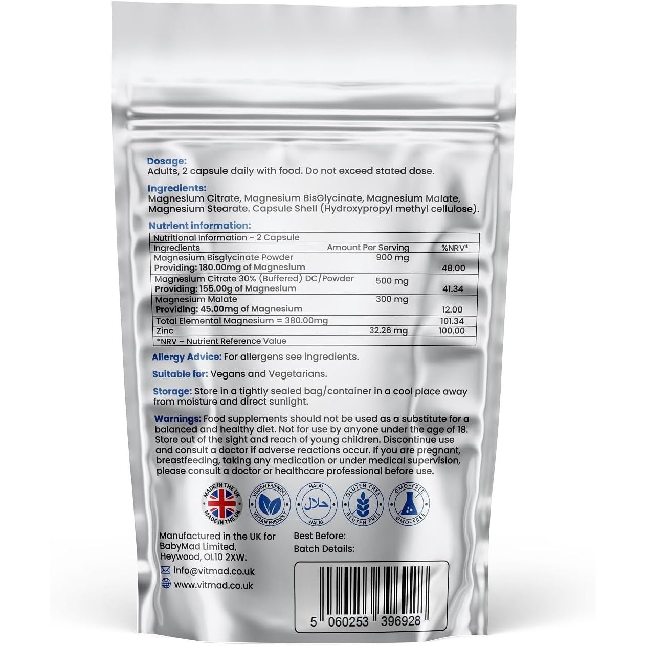 Magnesium Glycinate 3-In-1 Complex - Bisglycinate, Citrate & Malate Vegan Capsules, Added Zinc to Maximise Absorption 380Mg Elemental 100% NRV, UK Made (60)