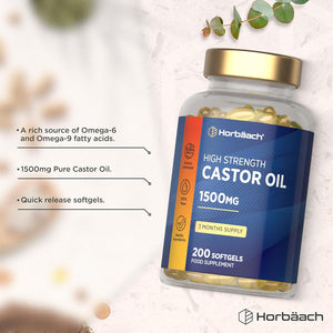 Castor Oil Capsules 1500Mg | 200 Softgel Capsules | Rich in Omega 6 & 9 | Castor Oil Supplement | by Horbaach