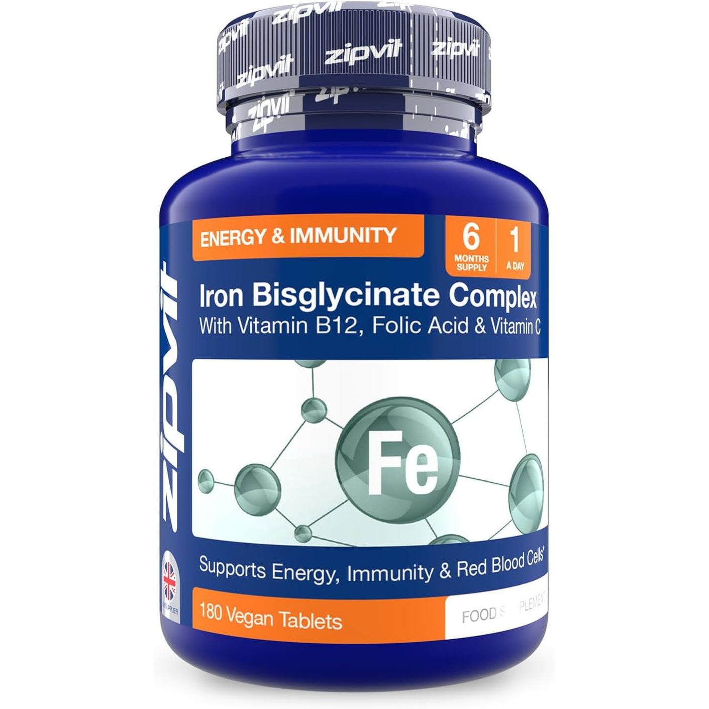 Zipvit Iron Tablets High Strength with Vitamin C, B12 & Folic Acid, 180 Vegan Energy Tablets, Iron Supplements for Women & Men for Energy & Absorption