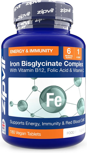 Zipvit Iron Tablets High Strength with Vitamin C, B12 & Folic Acid, 180 Vegan Energy Tablets, Iron Supplements for Women & Men for Energy & Absorption