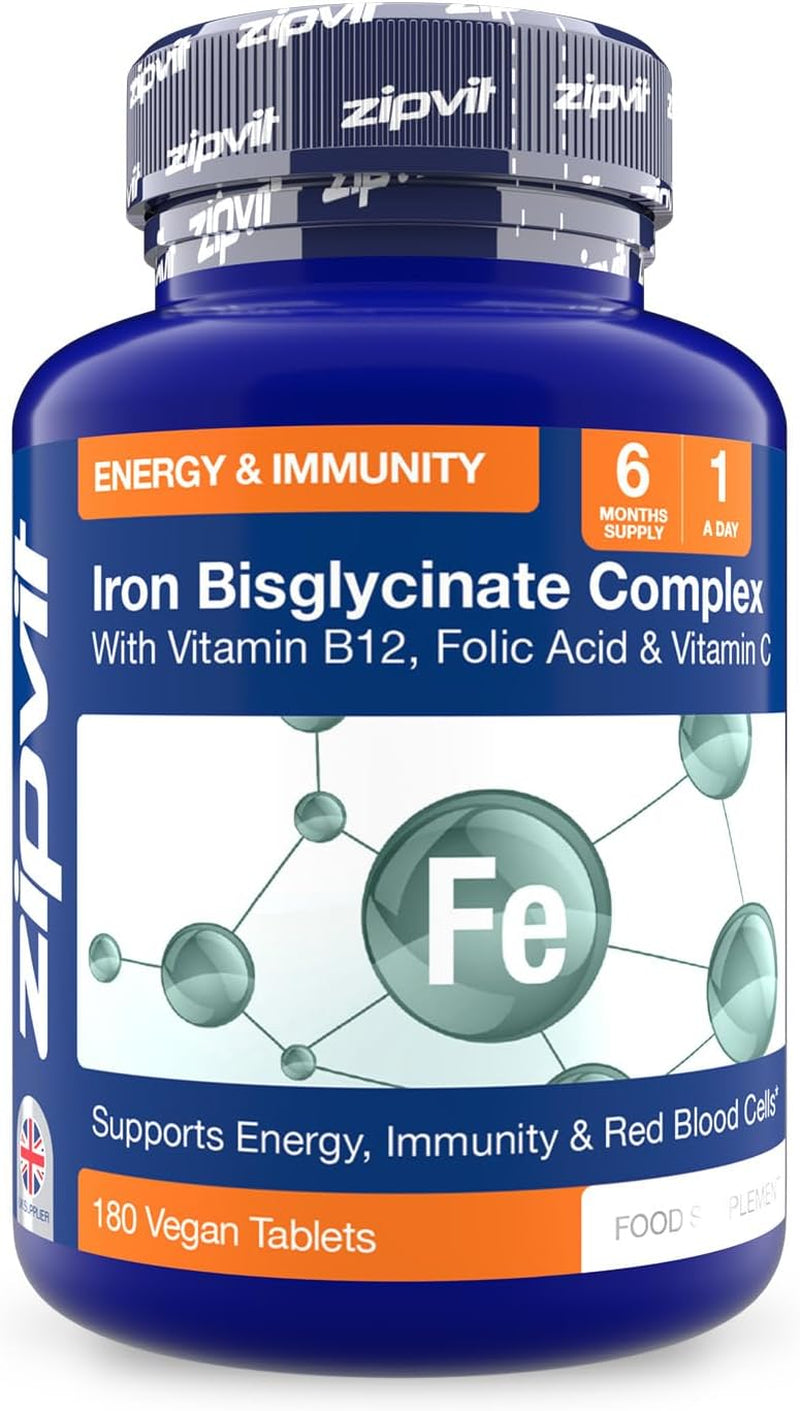 Zipvit Iron Tablets High Strength with Vitamin C, B12 & Folic Acid, 180 Vegan Energy Tablets, Iron Supplements for Women & Men for Energy & Absorption
