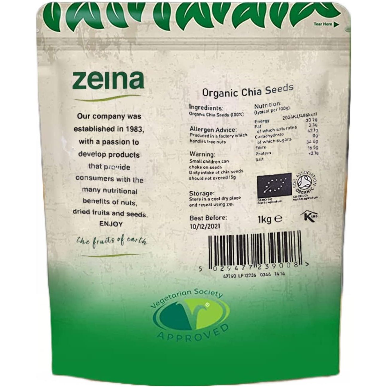 Zeina Organic Chia Seeds (1Kg) - Freshly Packed Natural Organic Raw Chia Seeds Source of Protein and Fibre for Vegetarian and Vegan Diets, Kosher Approved