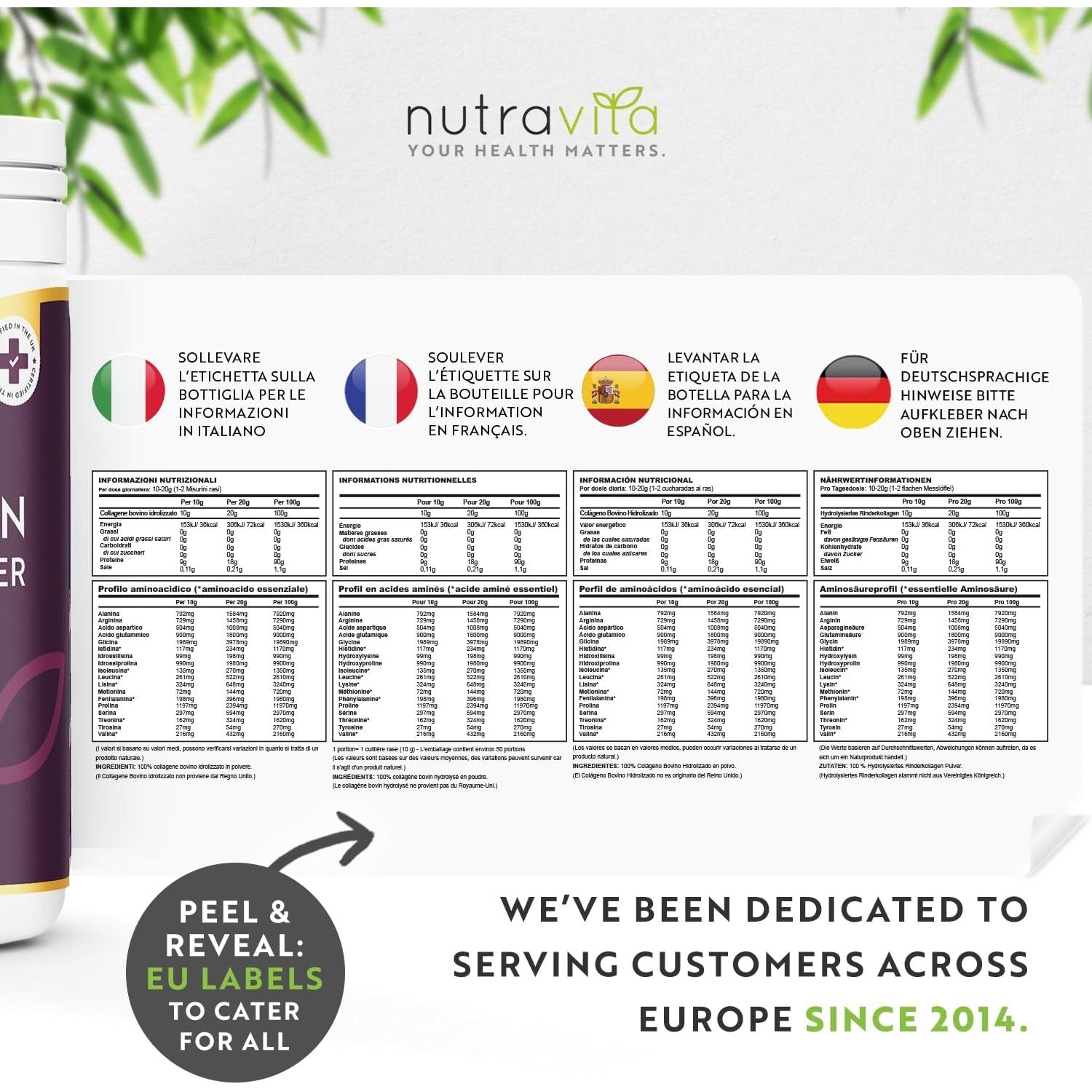 Collagen Powder 500G - Premium Gold Standard Bovine- 50 Servings - Collagen Peptides Supplement with 8 Essential Amino Acids - Made in the UK by Nutravita