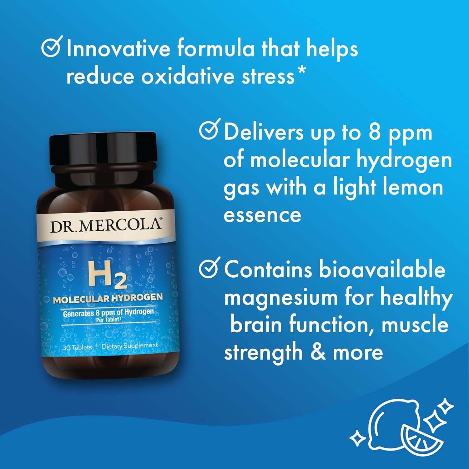 Dr. Mercola H2 Molecular Hydrogen Dietary Supplement, 30 Servings (30 Tablets), Non GMO, Gluten Free, Soy Free