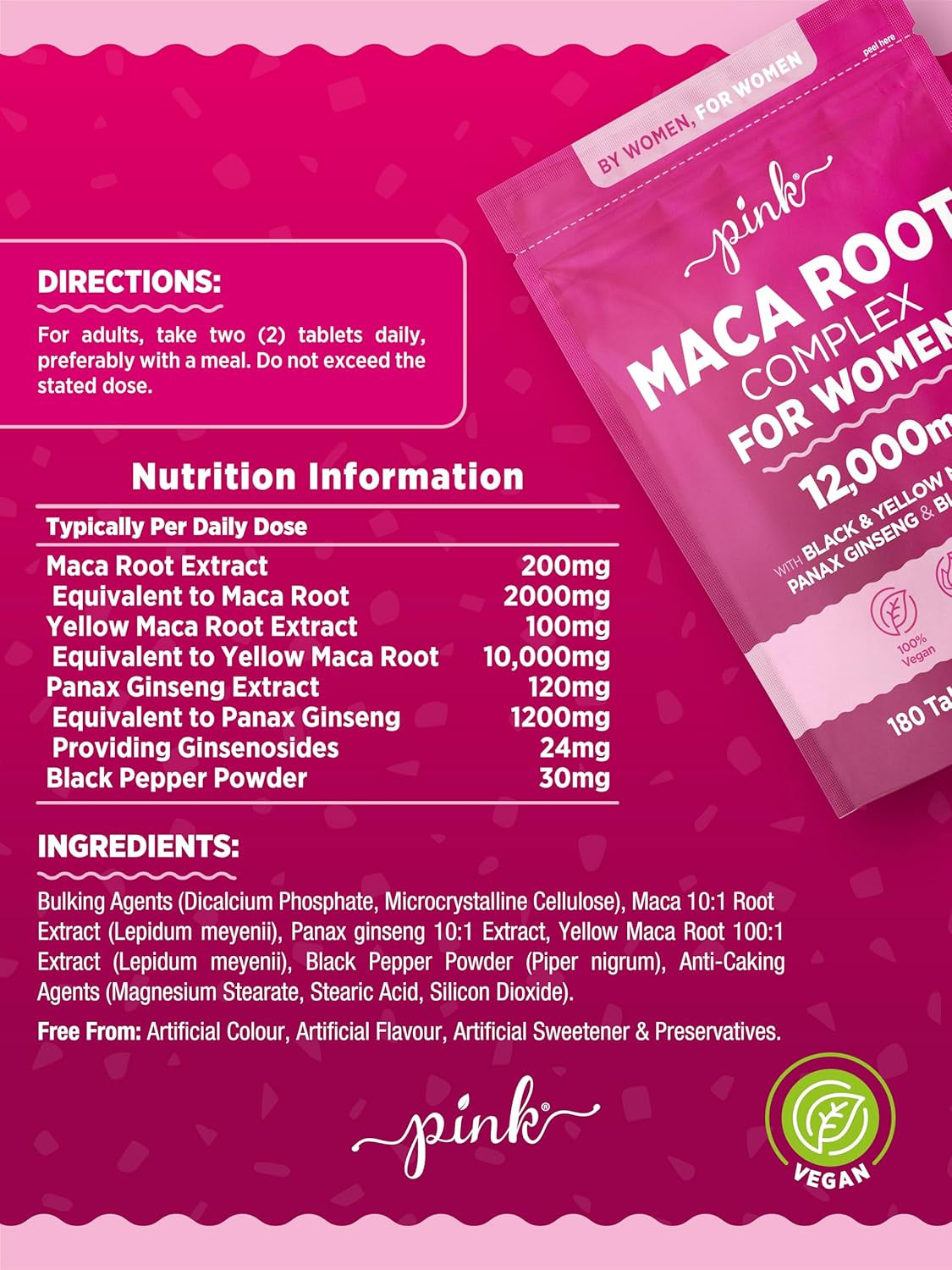 Maca Root Capsules for Women 12,000Mg | Peruvian Maca Supplement | High Strength Black & Yellow Maca Root with Panax Ginseng and Black Pepper | Botanical Supplement to Support Women'S Health | by PINK