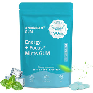 Energy & Focus Gum, 90 Pcs Energy & Focus Peppermint Chewing Gum, with B-Vitamins, L-Theanine and Natural Caffeine, Sugar-Free Dietary Supplement