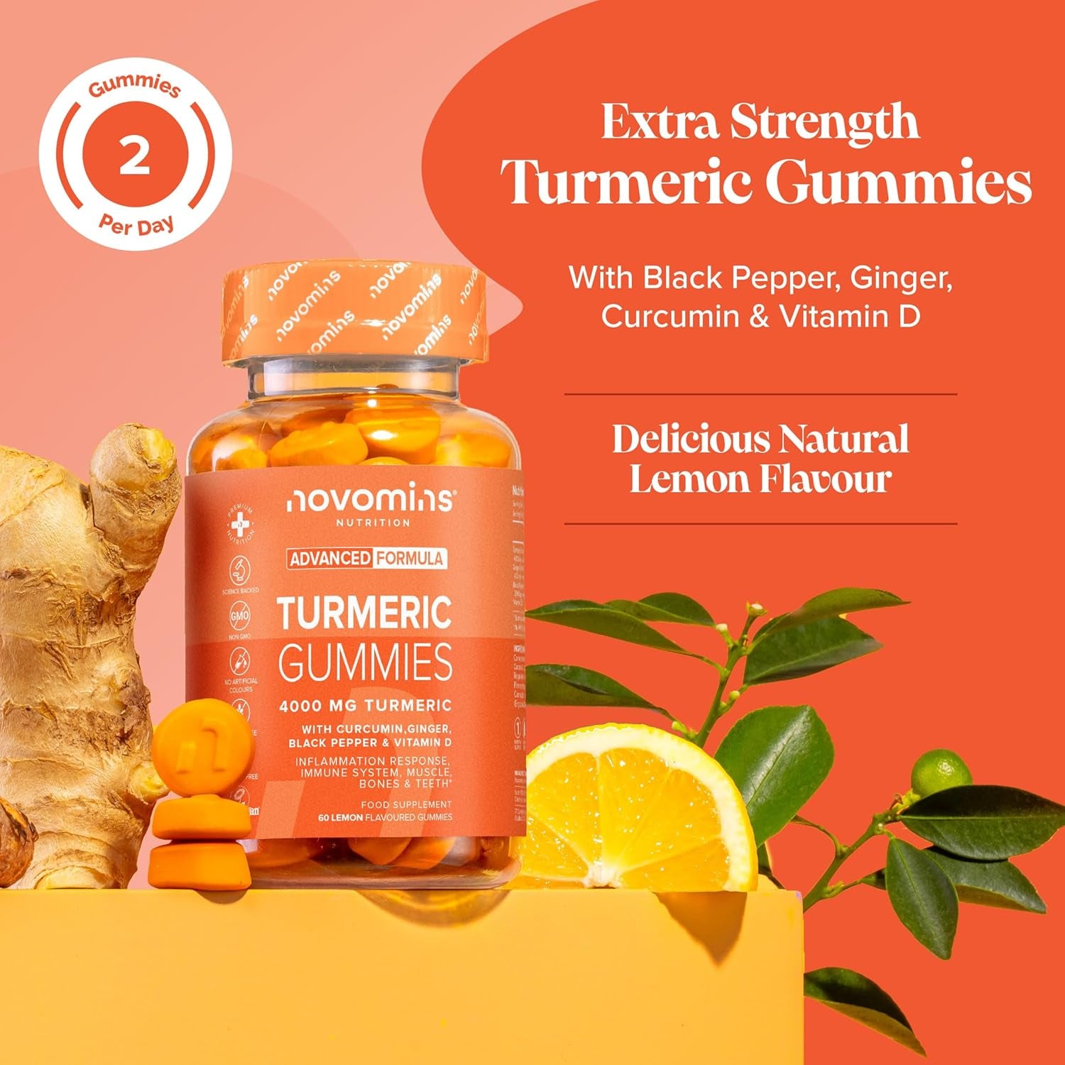 Turmeric Gummies – 4000Mg High Strength Turmeric and Ginger Gummies with Curcumin, Black Pepper & Vitamin D – Tumeric Supplements Joint Support –Immunity, Muscle & Bone – Novomins