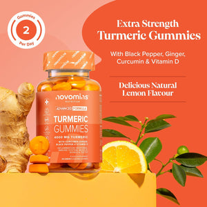 Turmeric Gummies – 4000Mg High Strength Turmeric and Ginger Gummies with Curcumin, Black Pepper & Vitamin D – Tumeric Supplements Joint Support –Immunity, Muscle & Bone – Novomins