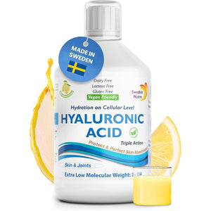 Swedish Nutra - Hyaluronic Acid Liquid Supplement - Pack of 500 Ml, 33 Day Supply | plus Vitamin C & Silica for Skin & Joint Hydration | Vegan & Free from Sugar & Gluten | 100% Natural Lemon Flavour