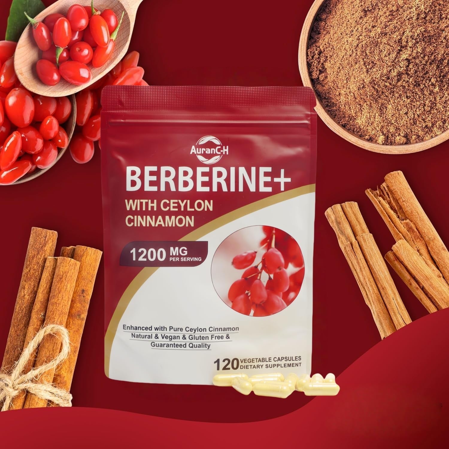 Premium Berberine HCL 1200Mg, 120 Capsules - plus Pure True Ceylon Cinnamon, Berberine HCI Root Supplements Capsules - Immune System, Healthy Weight Management