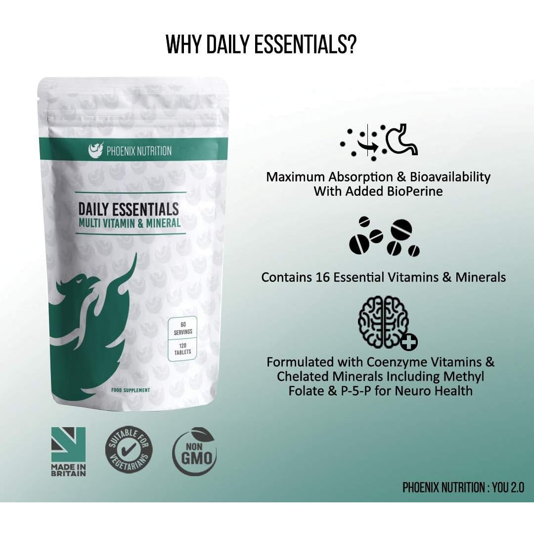 Daily Essentials Multivitamin & Mineral X 120 Tablets - 2 a Day Formula with Methylcobalamin, P-5-P, Methyl Folate, Bioperine and Chelated Minerals
