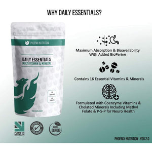 Daily Essentials Multivitamin & Mineral X 120 Tablets - 2 a Day Formula with Methylcobalamin, P-5-P, Methyl Folate, Bioperine and Chelated Minerals