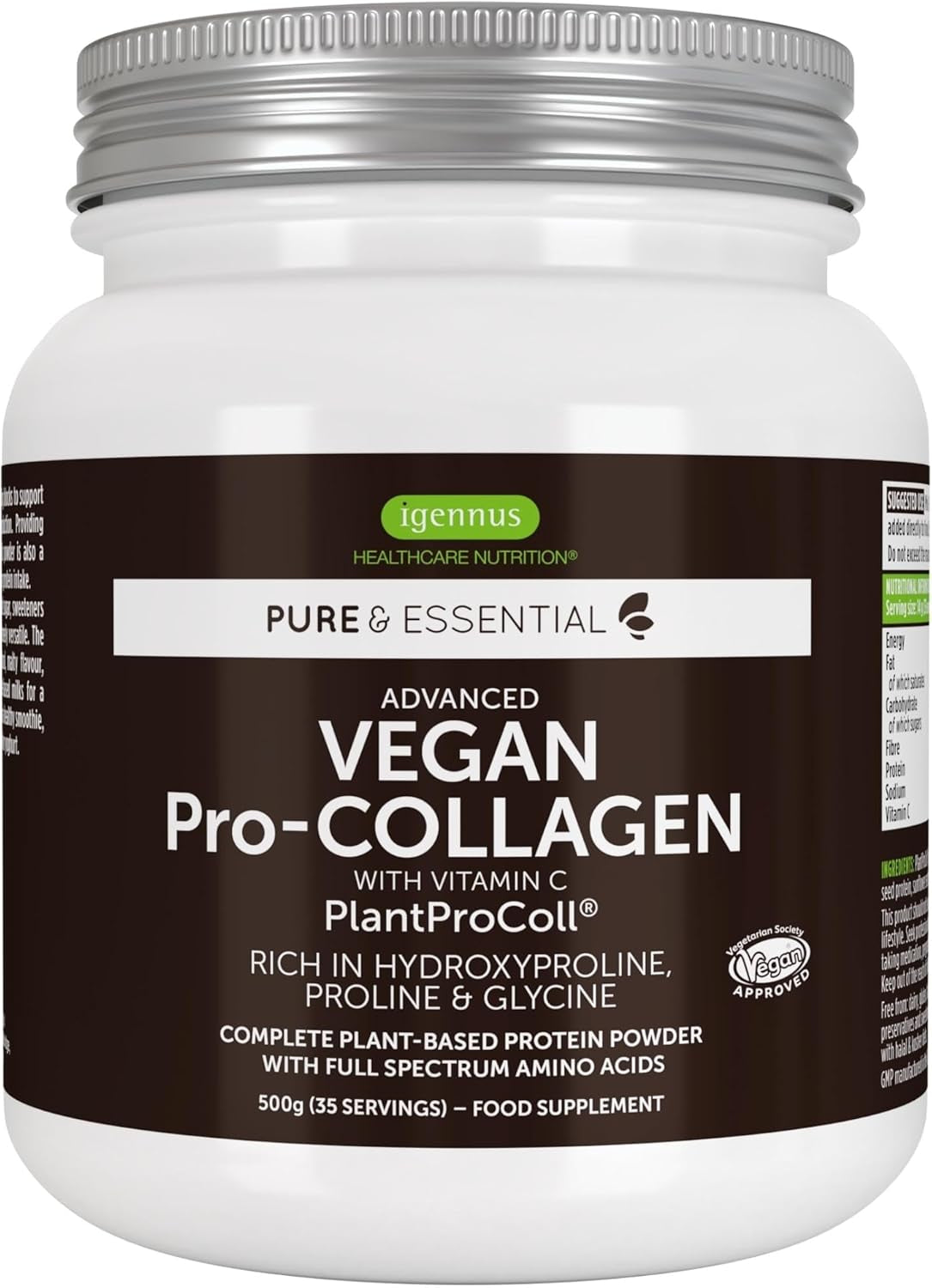 Vegan Pro-Collagen Protein Powder, Plant-Based Peptide Supplement with Glycine, 21 Amino Acids & Vitamin C, Complete Collagen Boosting Formula, Mix into Drinks or Food, 35 Servings, by Igennus