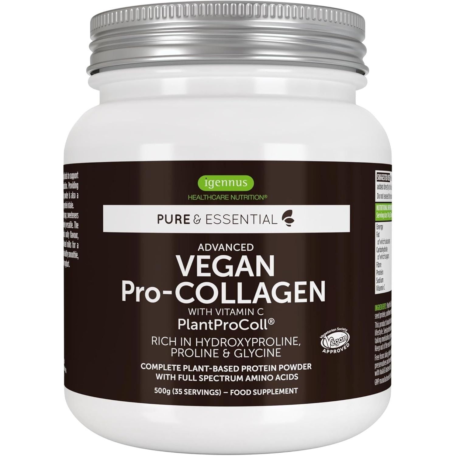 Vegan Pro-Collagen Protein Powder, Plant-Based Peptide Supplement with Glycine, 21 Amino Acids & Vitamin C, Complete Collagen Boosting Formula, Mix into Drinks or Food, 35 Servings, by Igennus