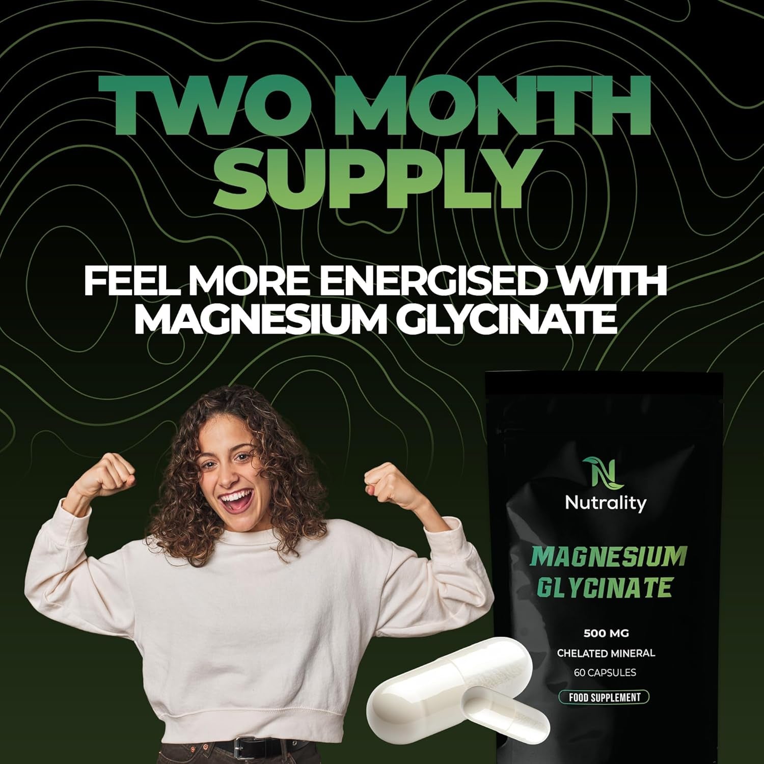 Nutrality Magnesium Glycinate 500Mg | High-Strength Magnesium Complex | Supports Bone Health & Energy Levels | Sleep Aid Promotes Relaxation | 60 Vegan Capsules