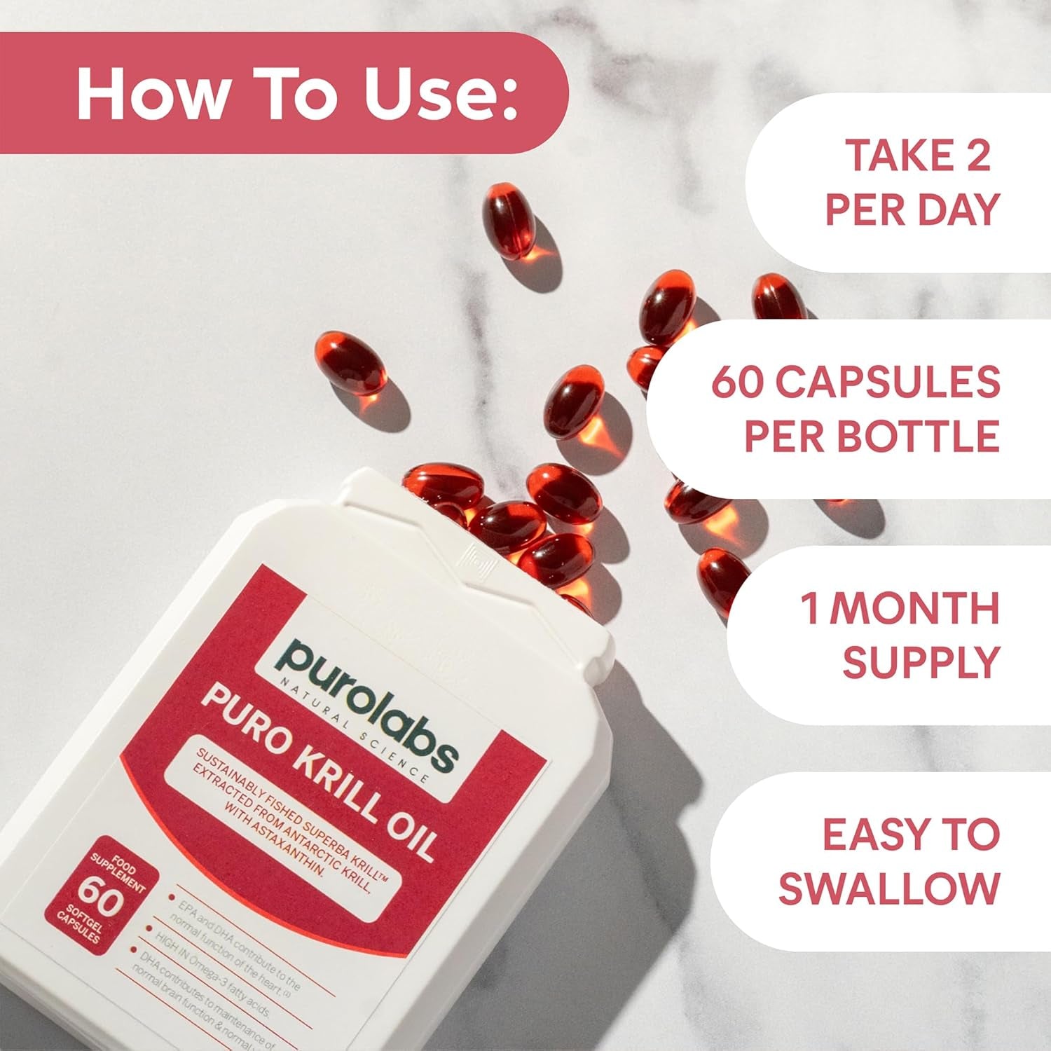 Purolabs Antarctic Krill Oil 1000Mg - High Strength Omega-3 (220Mg) with Phospholipids (400Mg) & Astaxanthin - Superba™ Sustainable Source - Heart, Brain & Eye Health - 60 Capsules