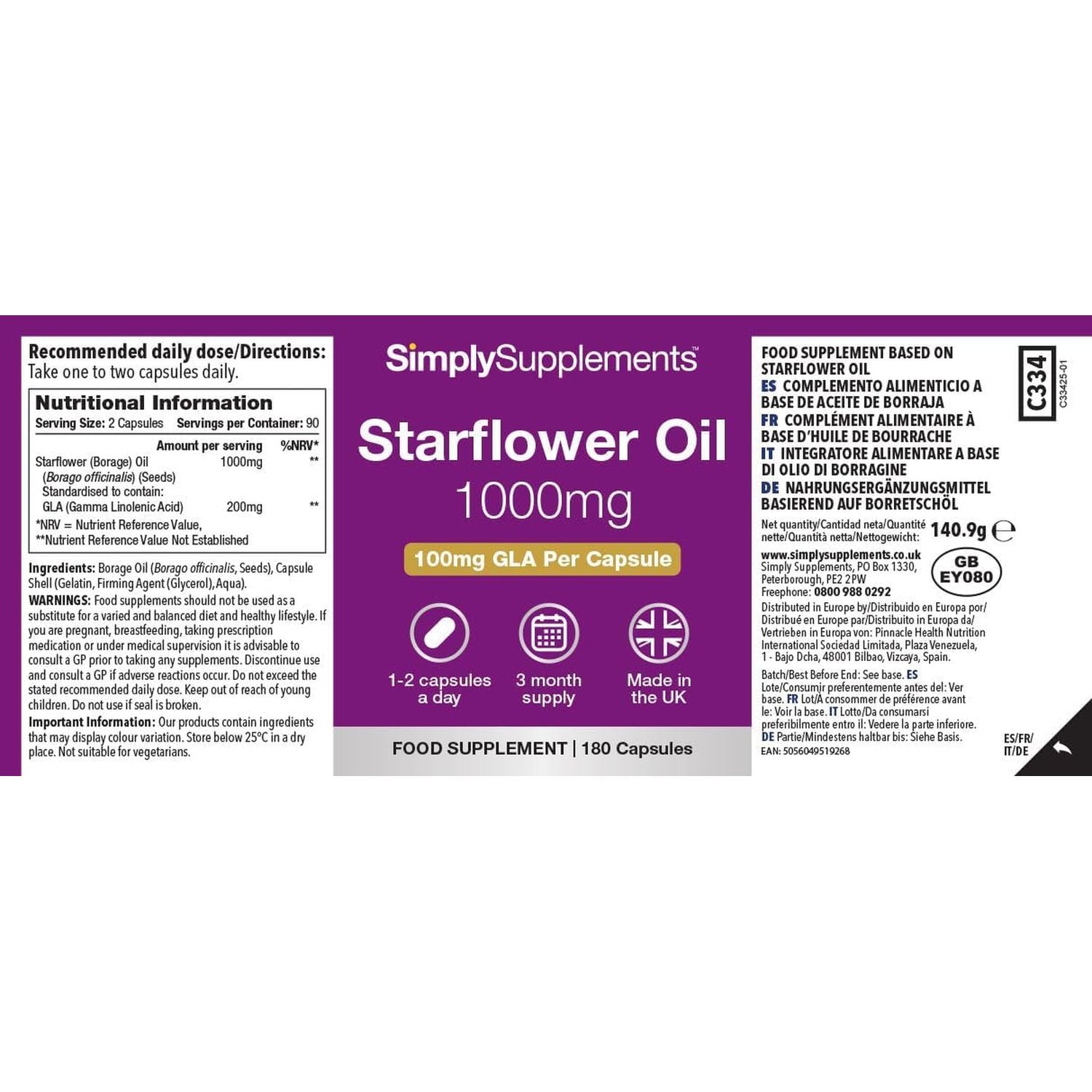 Starflower Oil 1000Mg | High Strength Borage Oil Softgels with GLA | 180 Softgels | Cold-Pressed | Made in the UK