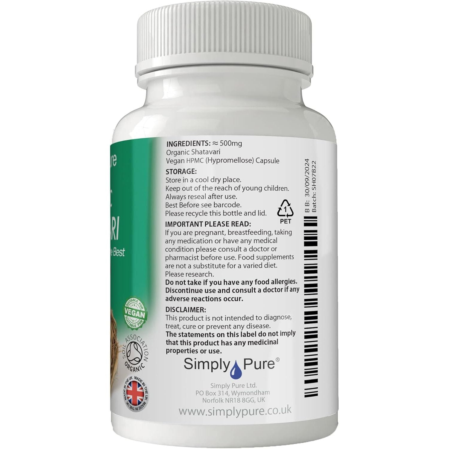 Simply Pure Organic Shatavari for Women'S Health & Vitality | 500Mg Capsules X 90 | 100% Pure Soil Association Certified | Gluten Free | GM Free | Vegan