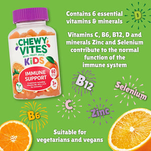 Chewy Vites Kids Immune Support, 60 Kids Vitamins Gummies, High Strength Vitamin D, Vit C, B6, B12, Zinc, Selenium, 2 Months Supply, Real Fruit Juice, Vegan, Age 3 +, Orange Flavour