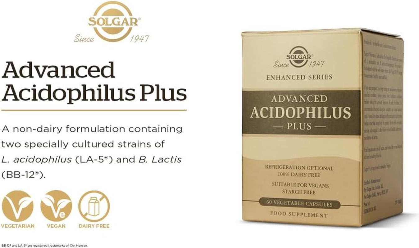 Solgar Advanced Acidophilus plus Vegetable Capsules - Pack of 60 - Supports Digestion - Maintain Healthy Bacteria Levels - Vegan and Gluten Free