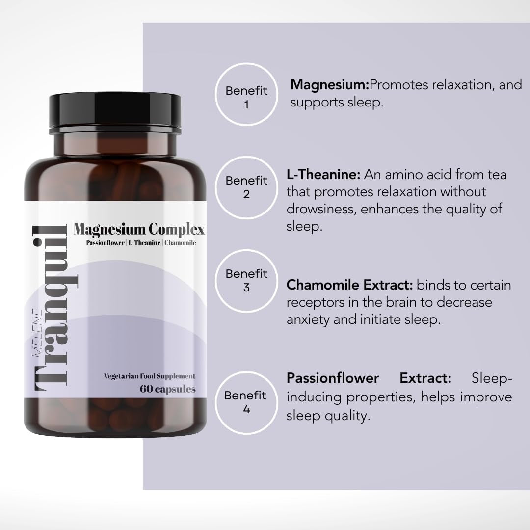 Melene Magnesium Complex with Chamomile, Passion Flower and L-Theanine 60 Capsules. Sleep, Anxiety and Rest Aid. High Strength Bisglycinate (250Mg Elemental)