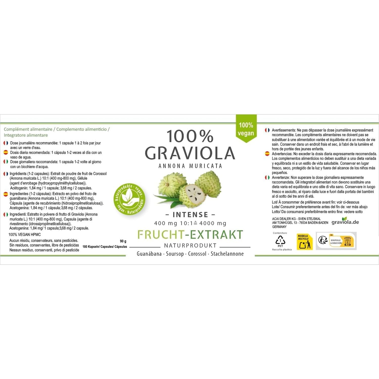 100% Soursop HIGH DOSE Fruit Extract, 4000 Mg per Serving /180 Caps. /No Pesticides, Additives, Flow Aids 10:1 Extract/ 180 Capsules of 400 Mg