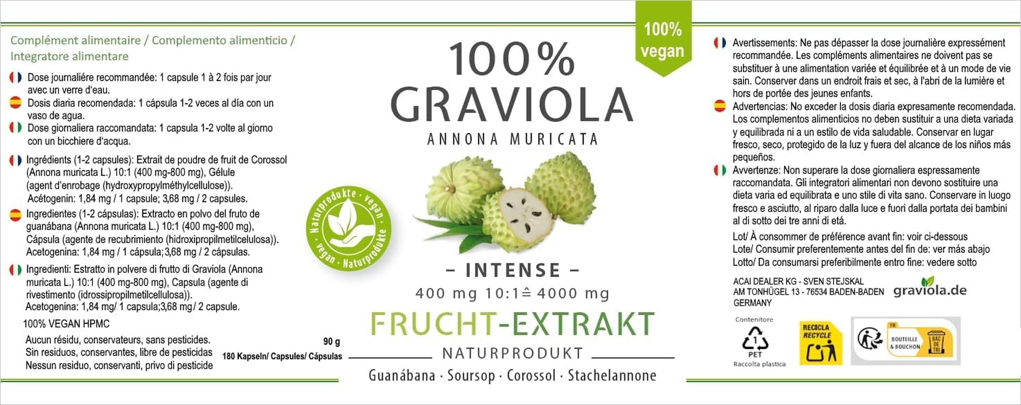 100% Soursop HIGH DOSE Fruit Extract, 4000 Mg per Serving /180 Caps. /No Pesticides, Additives, Flow Aids 10:1 Extract/ 180 Capsules of 400 Mg