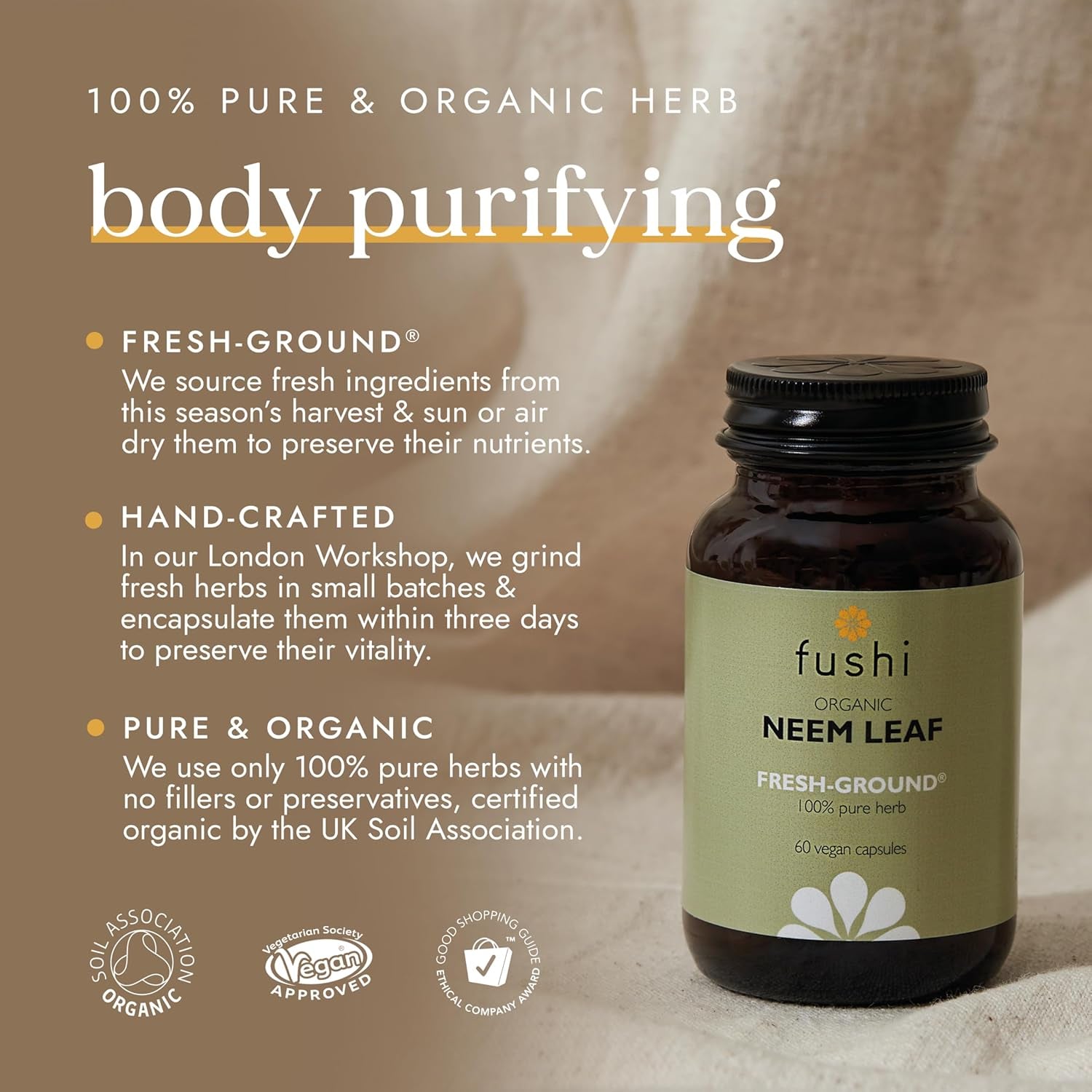 Fushi Organic Neem Leaf Capsules, 60 Caps | Fresh-Ground Whole Food | Detoxifying Properties | Cleansing Herb, Purify Both inside & outside Body | Ethical & Vegan | Made in the UK