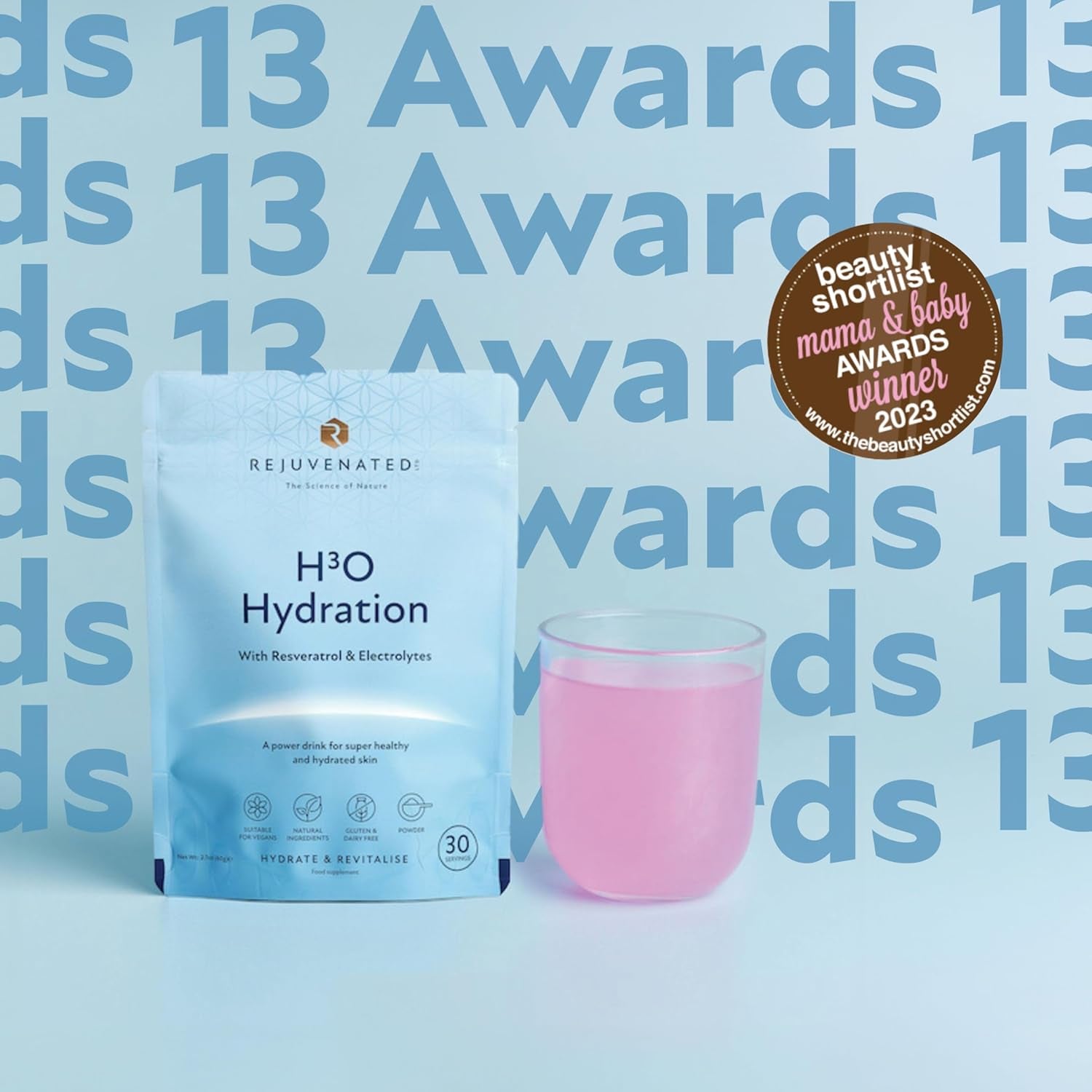 Rejuvenated H3O Hydration - Hyaluronic Acid & Resveratrol Drink for Skin & Body Hydration - Power Drink for Healthy and Hydrated Skin with Hyaluronic Acid (30 Servings)