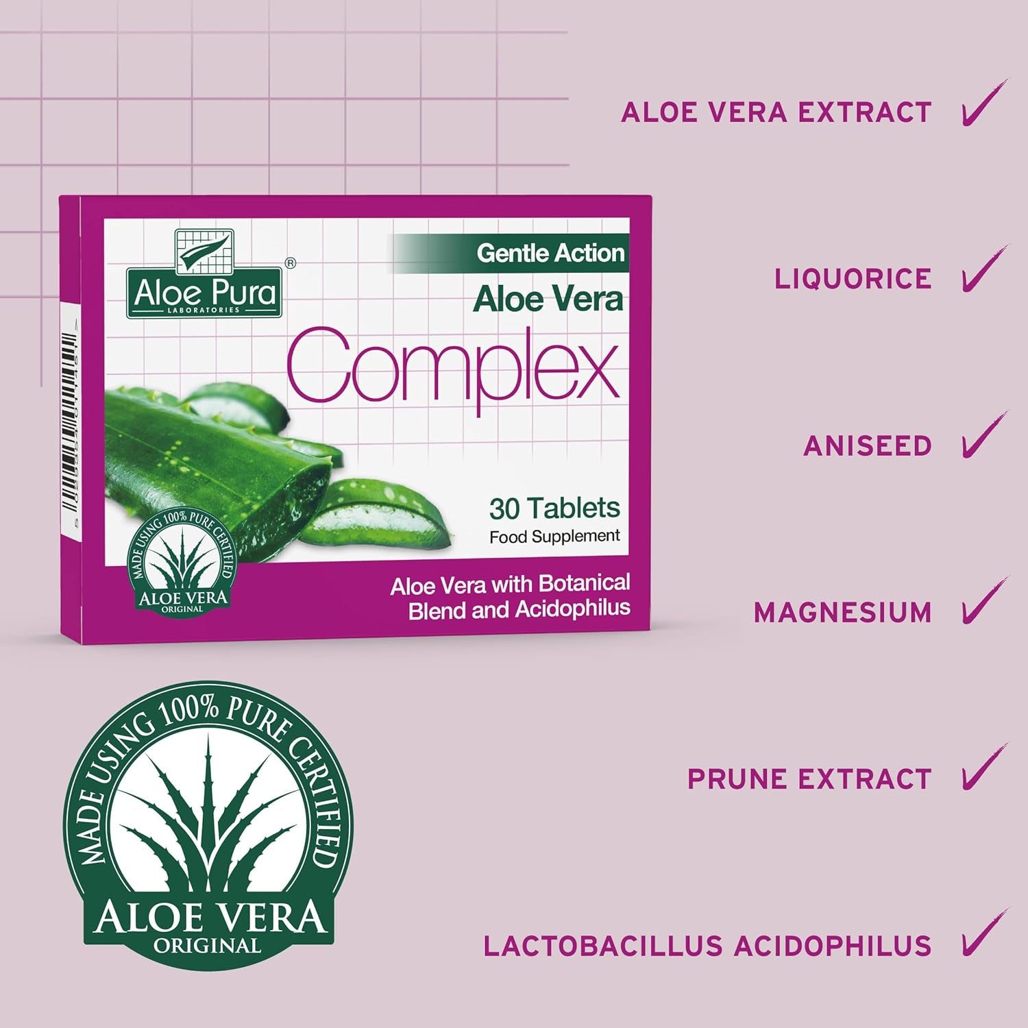 Aloe Pura Aloe Vera Gentle Action Complex Tablets , Natural , Vegetarian , Cruelty Free , Food Supplement, Botanical Blend , 30 Tablets